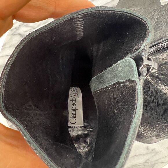 Giampaolo Bootie Women 38 Crinkle Gloss Black Reflective Square Heel Ankle Boots - Picture 7 of 13